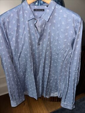Theory Light Blue Micro-Pattern Long-Sleeve Dress Shirt